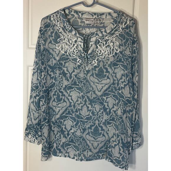 Chico's Tops - Chico's Blue Floral Longsleeve Semi Sheer Silk Embroidered Boho Peasant Top 2